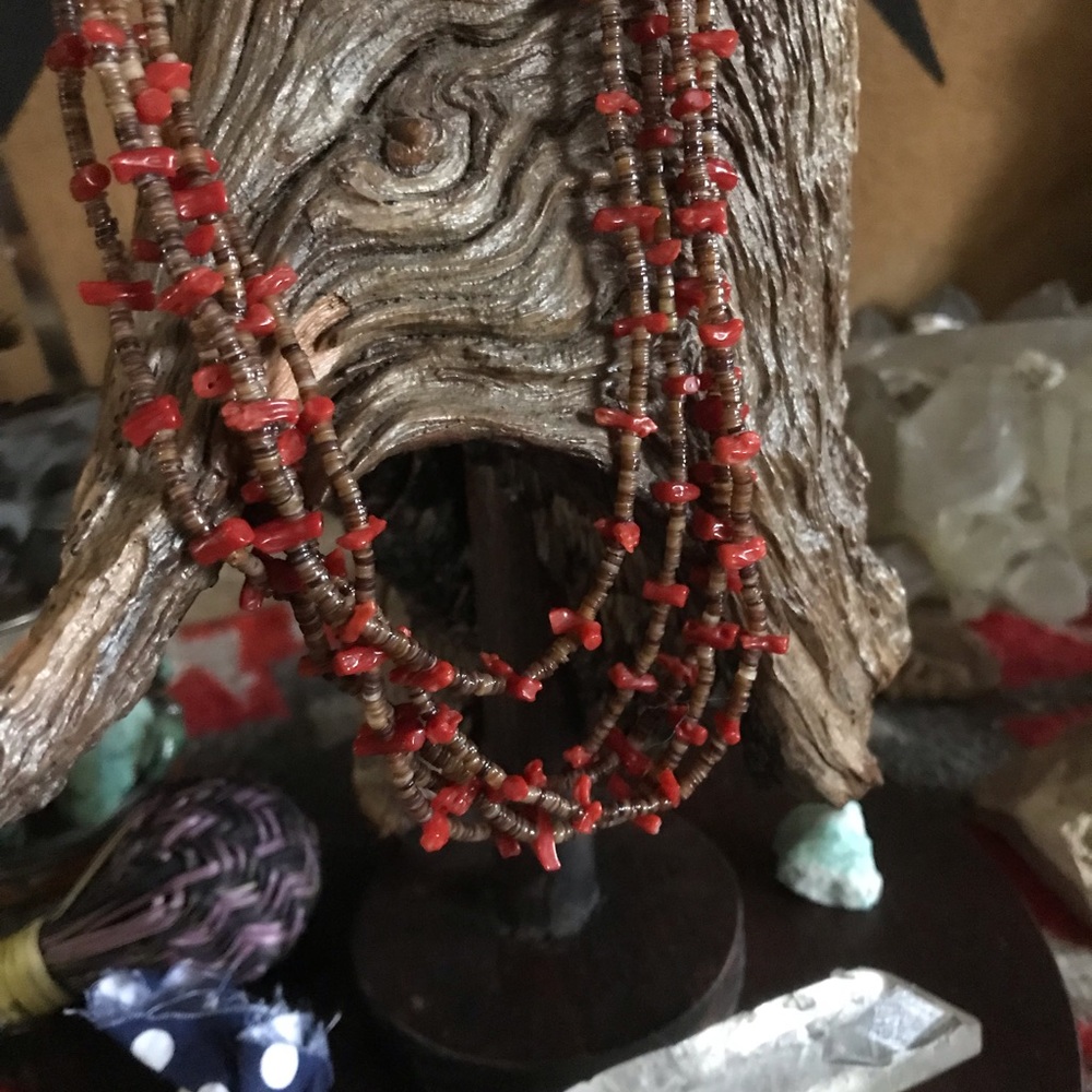 Navajo multi-strand Red Coral and heishi necklace